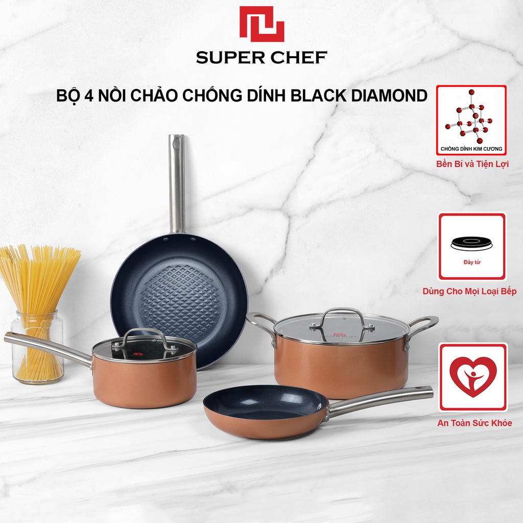 Bộ 4 Nồi Chảo Chống Dính Black Diamond Super Chef Bền Bỉ, Chống Dính Tốt Hơn