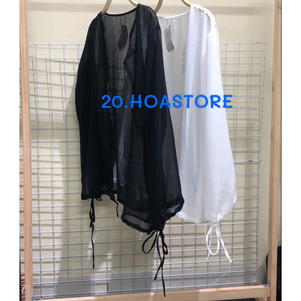 ÁO VOAN TRƠN TAY RÚT - ÁO KHOÁC CARDIGAN VOAN GIẤY THẮT NƠ TRẮNG ĐEN BASIC | BigBuy360 - bigbuy360.vn