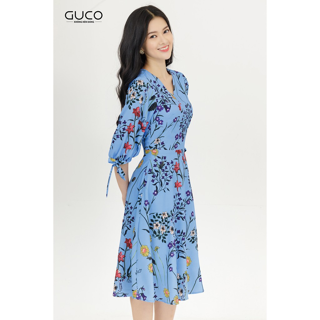 Đầm nữ GUCO dáng xòe họa tiết hoa màu xanh 3062