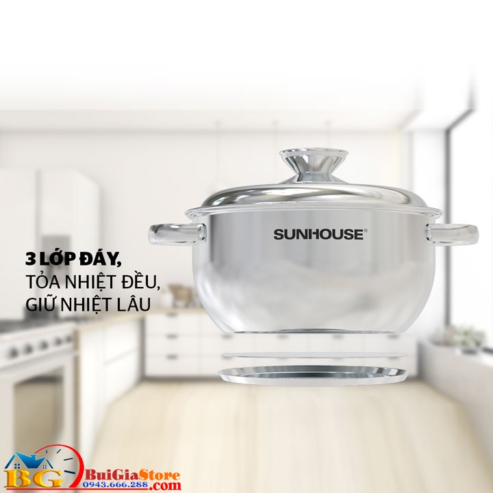 Bộ 3 nồi inox 3 đáy Sunhouse SHG339 - Nồi dùng cho cả bếp từ