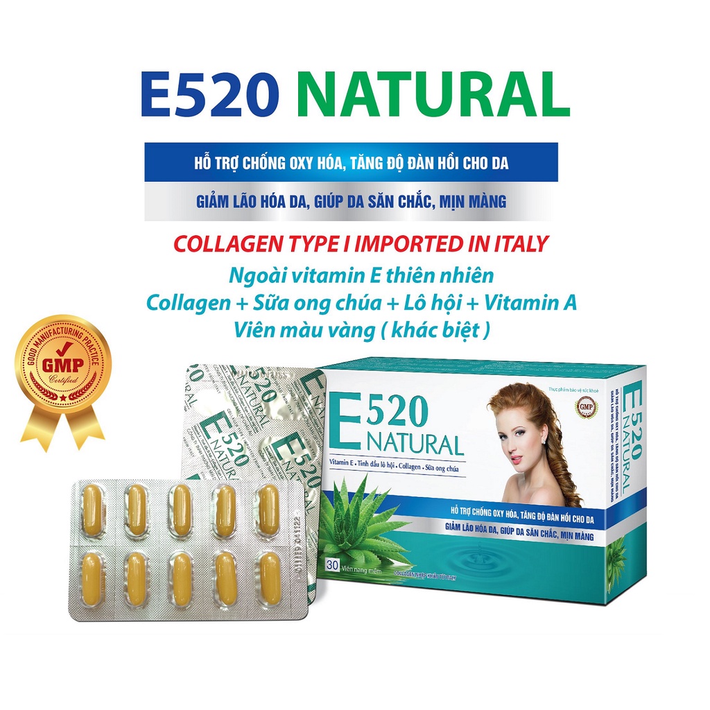 Viên Uống Bổ Sung Vitamin E - Đẹp Da - Mờ Nám - Sáng Da - E520 Natural - Collagen - Sữa Ong Chúa - Lô Hội - Hộp 30 Viên