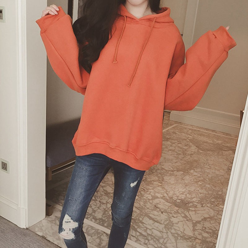 Áo Hoodies nữ tay dài màu trơn thiết kế dáng rộng thoải mái và thời trang