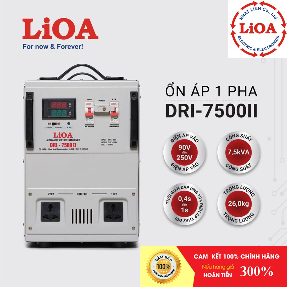 Ổn áp LiOA 7.5KVA 1 pha chính hãng Nhật Linh 7,5KW 7500VA 7500W dây đồng thế hệ mới 2 aptomat đồng hồ LED