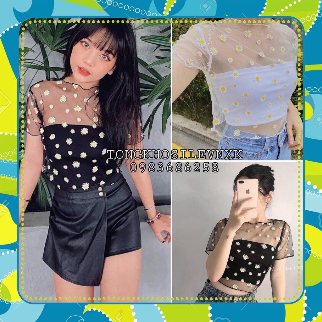 (Sp sẵn) SET 2 MÓN CROPTOP HOA CÚC LƯỚI ❤️ SET ÁO TUBE QUÂY MIX ÁO REN LƯỚI CHIFON HOA CÚC ĐEN TRẮNG