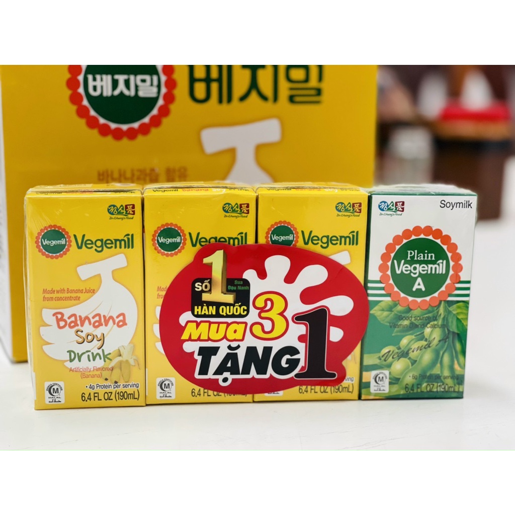 Combo 3 Hộp Sữa Đậu Nành Vegemil 190ml Tặng 1 Hộp Sữa Đậu Nành Hương Vị Chuối Vegemil 190ml