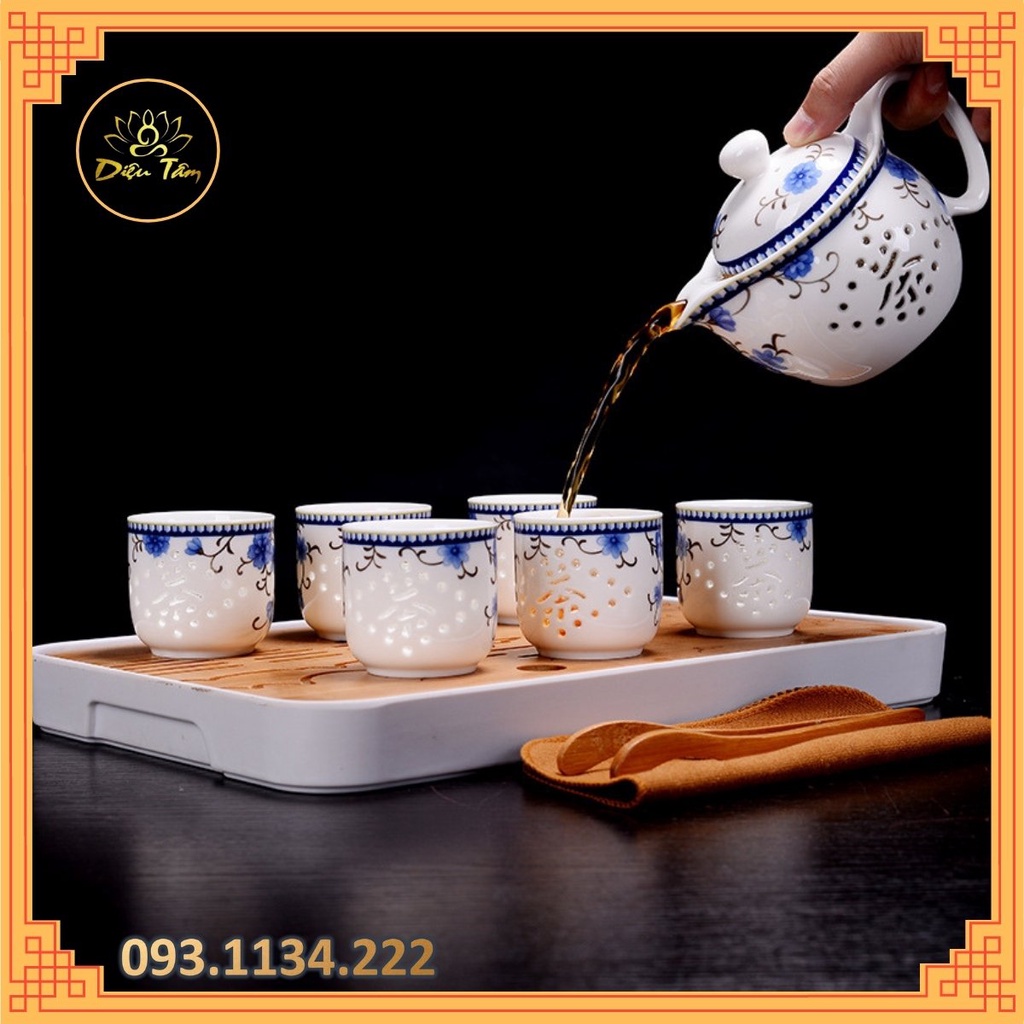 Bộ ấm chén trà gốm hoa vẽ tay cổ điển