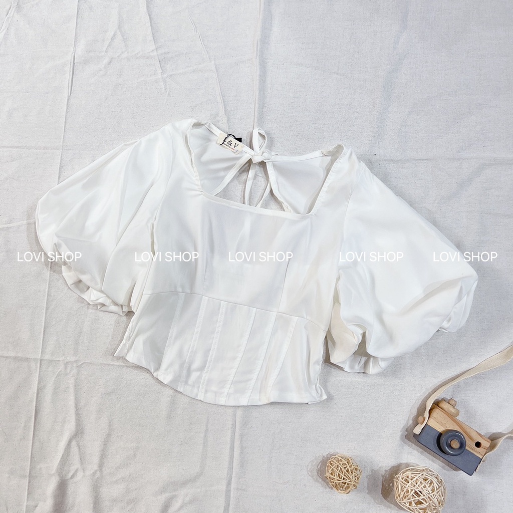 Áo croptop cổ U nơ sau tay phồng NHÀ LOVI