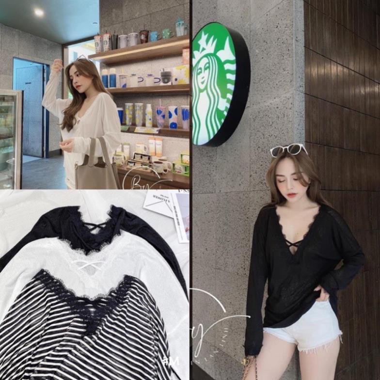 ÁO THUN NỮ DÀI TAY CỔ TIM PHỐI REN