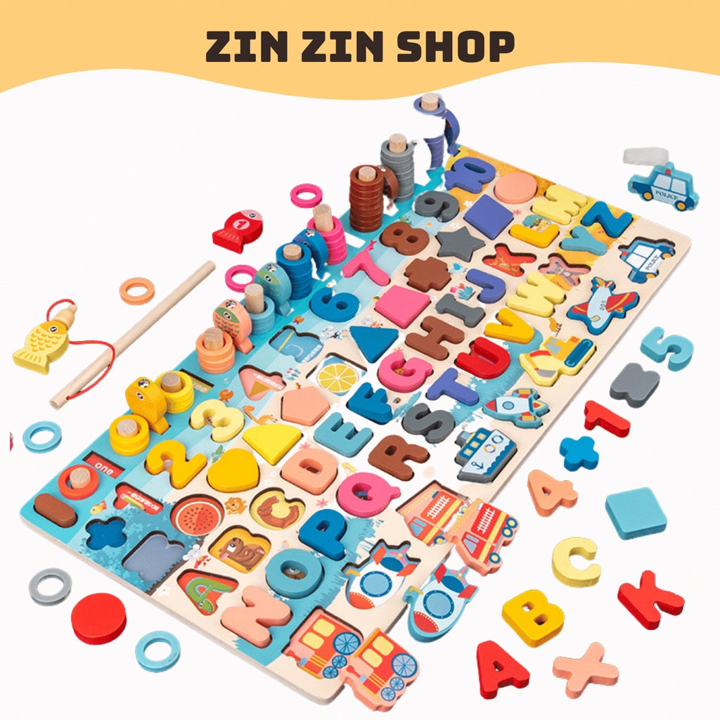 Bộ Bảng Gỗ Câu Cá Và Ghép Hình Học, Chữ Số, Chữ Cái, Phương Tiện cho bé 7in1