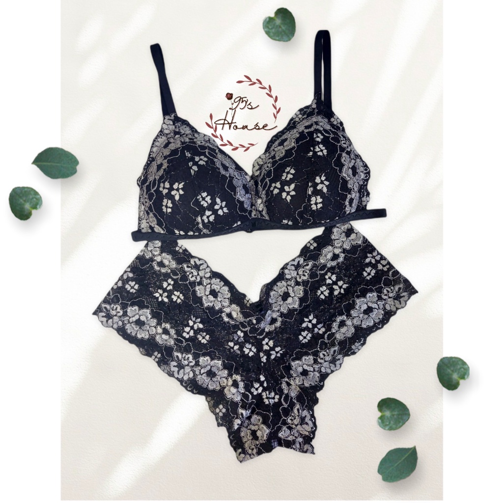 Bộ đồ lót nữ ren, bralette sexy không gọng mút mỏng màu Đen hoạ tiết Trắng (form lớn) SB04 [95's House]