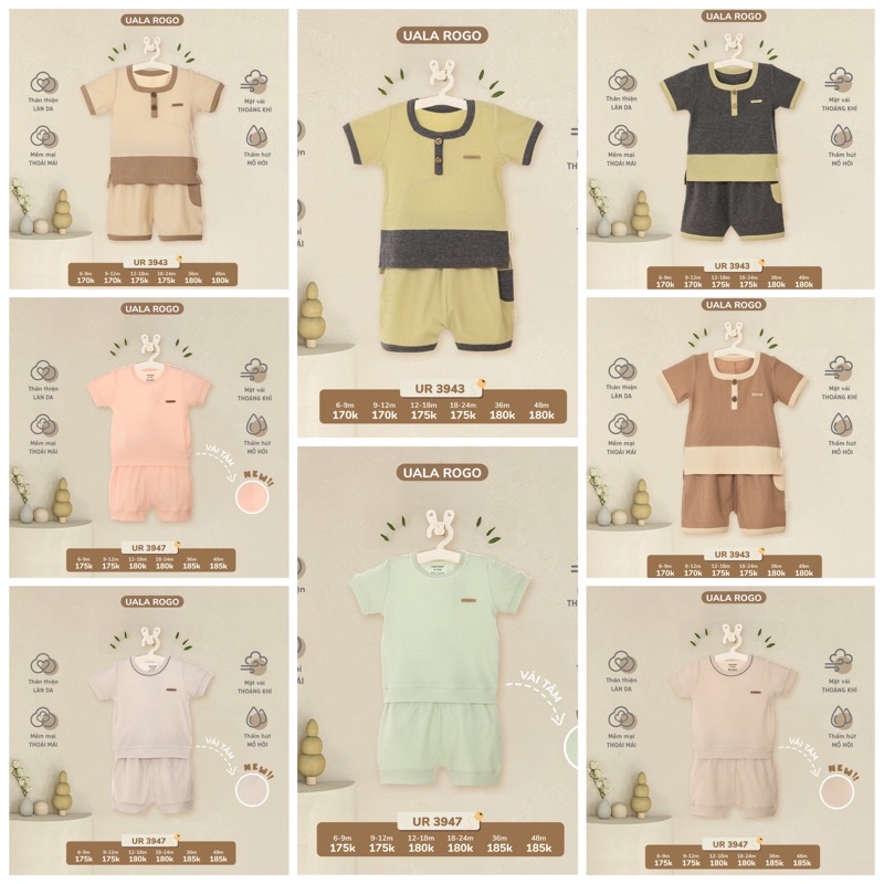 Quần áo bé trai Ualarogo 6 tháng - 4 tuổi cộc tay hè vải cotton thấm hút thoáng mát cổ tròn cúc cổ giữa quần đùi