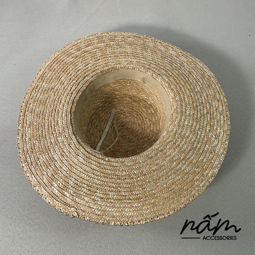 Mũ cói đai vải đầu bằng vành rộng viền ngọc cho nữ M117