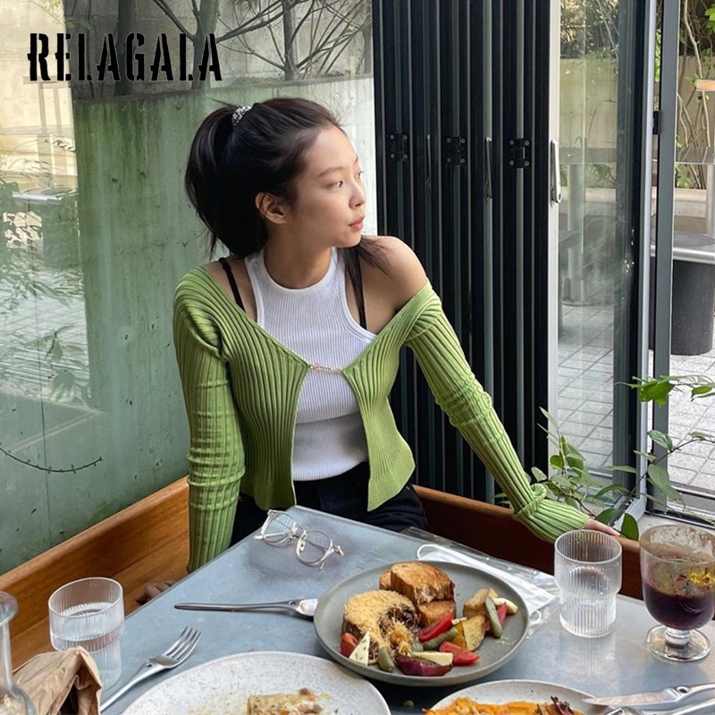 Áo Khoác Cardigan Tay Dài Phối Màu Tương Phản Cho Nữ