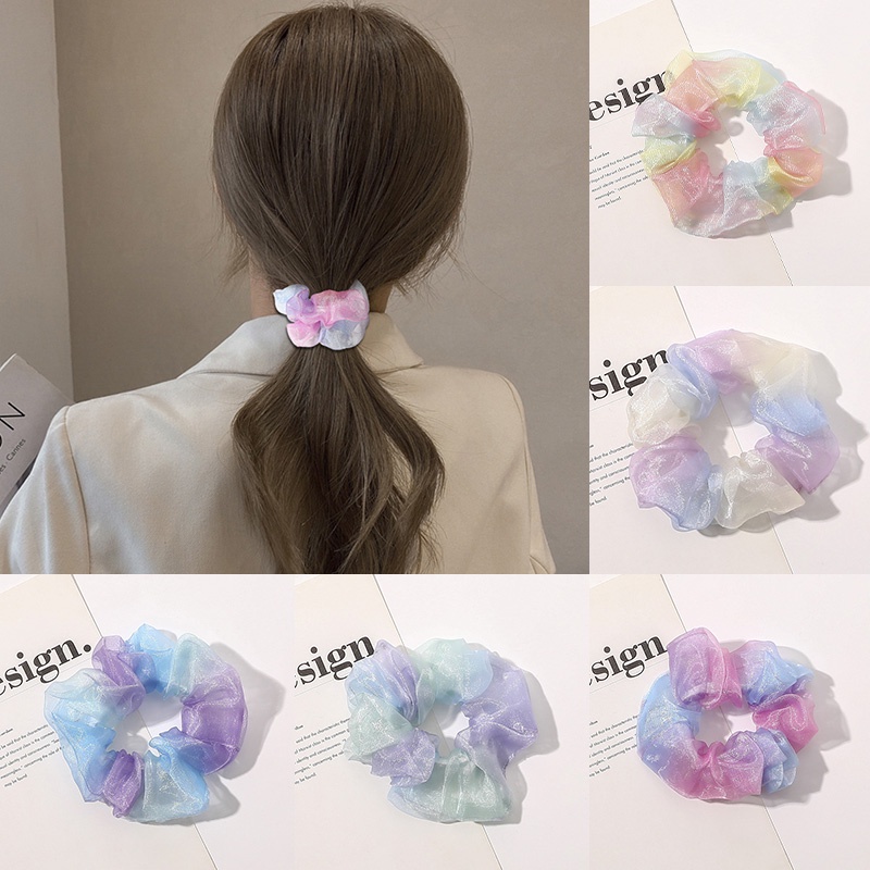 Dây buộc tóc cao su co giãn nhuộm màu gradient đính ngọc trai thời trang