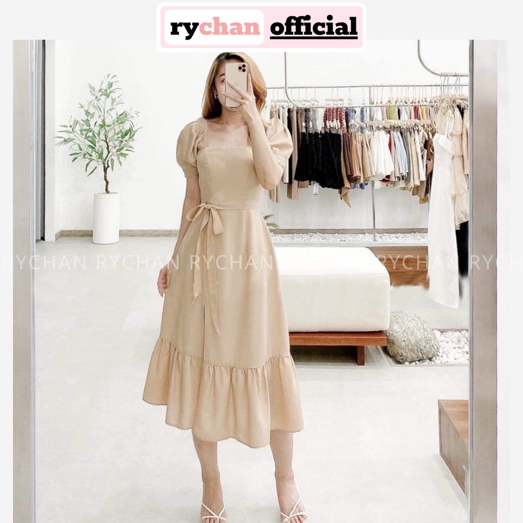 Đầm Váy Nữ Dự Tiệc Cưới Cổ Vuông Đuôi Cá Tay Ngắn Thắt Nơ Eo Xẻ Tà Quyến Rũ 2 Màu Nude Trắng [ẢNH THẬT CUỐI] - DX9708