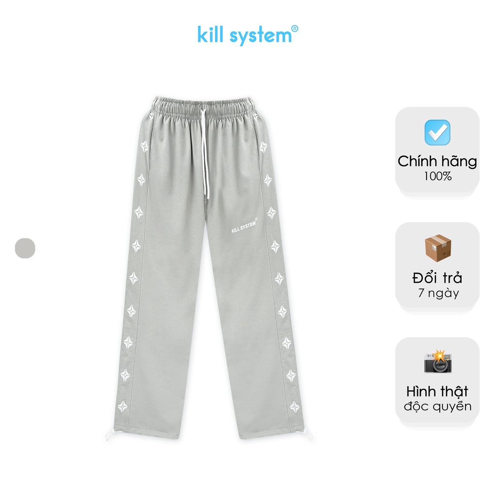 Quần thun ống rộng suông màu xám Kill System Line hông quần in logo , vải co giãn tốt, phong cách unisex