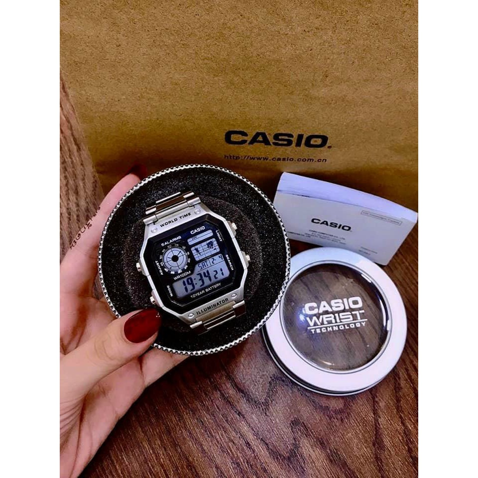 ✴[Box thiếc] Đồng hồ nam Casio AE 1200-WHD classic chống nước , dây thép không gỉ (dây bạc mặt đen)
