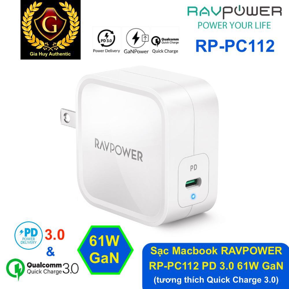 Củ sạc nhanh Macbook Pro, iPad Pro, iPhone 12, Note 10, S10 RAVPOWER RP-PC112 PD 3.0 61W GaN Tech (tương thích QC 3.0)