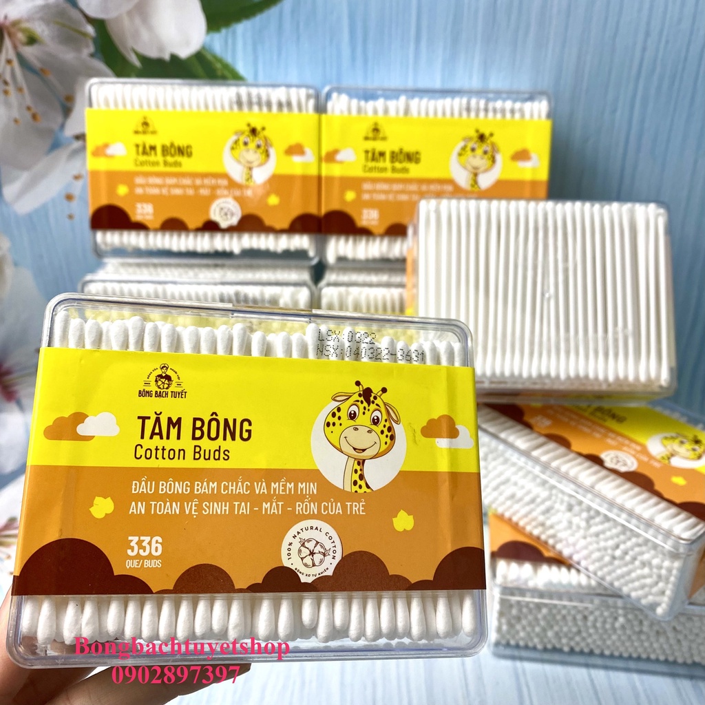 Tăm Bông Kotton Care For Kid đầu nhỏ HỘP CHỮ NHẬT 336 Que Bông Bạch Tuyết