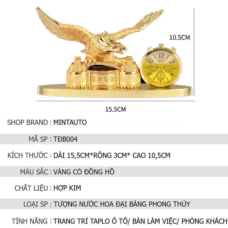Nước hoa ô tô tượng đại bàng phong thủy kèm đồng hồ bằng hợp kim cao cấp chắc chắn ( màu vàng )