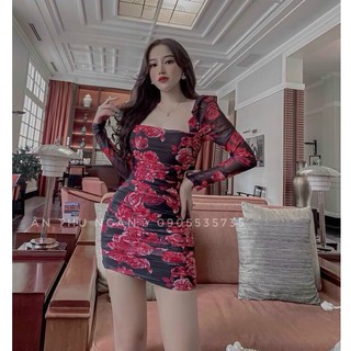 Đầm body nhún tay dài cổ vuông hoạ tiết hoa hồng ( kèm mút )