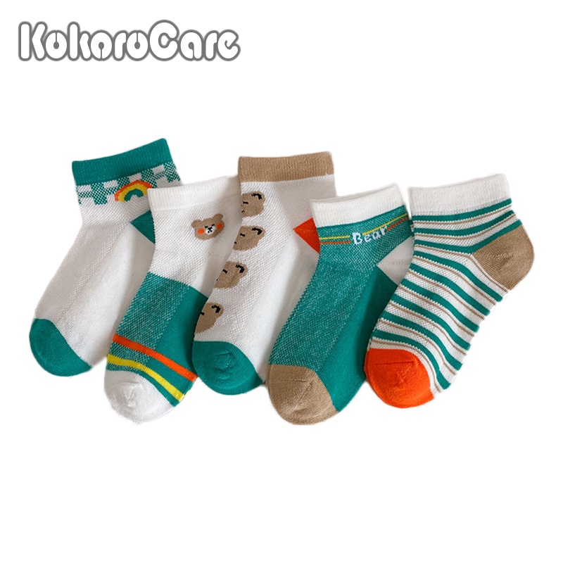 Set 5 đôi vớ cổ chân phối lưới KOKOROCARE thoáng khí họa tiết gấu hoạt hình size s/m/l 1-8 tuổi cho bé trai