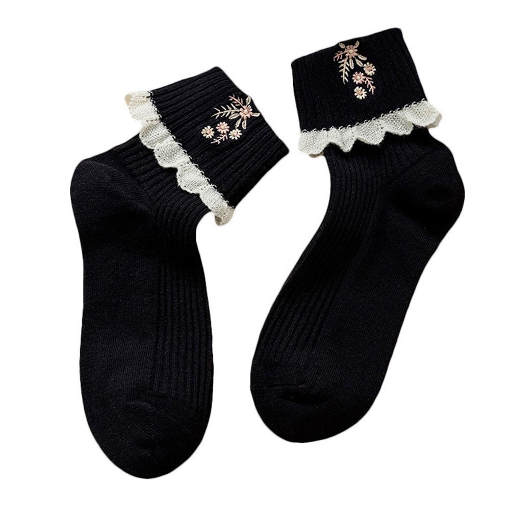 Vớ cotton cổ trung màu trơn phối ren thoáng khí phong cách retro thời trang Hàn Quốc cho nữ
