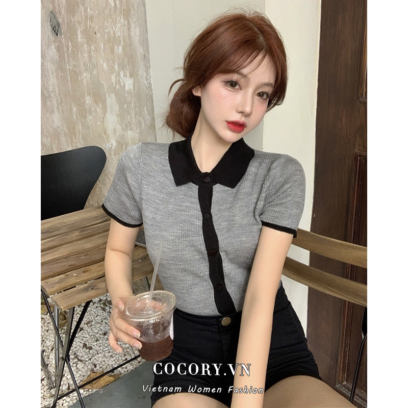 Cocory vn Thời Trang Áo Cardigan Dệt Kim Tay Ngắn Cổ Polo Thiết Kế Quyến Rũ Cho Phái Nữ