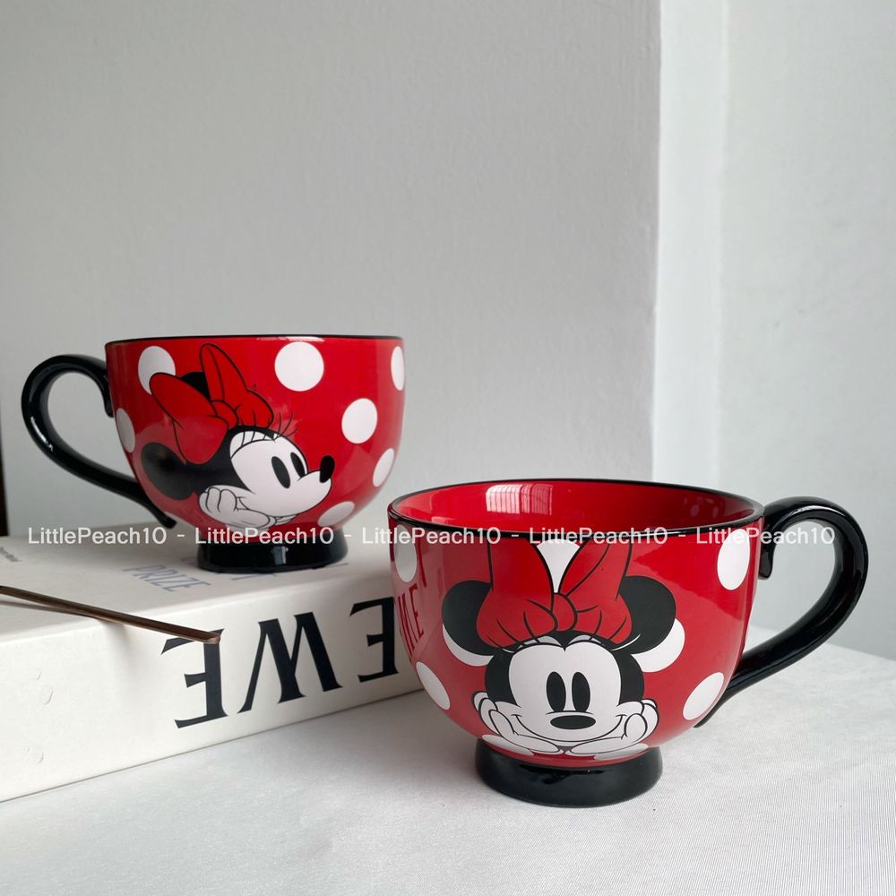 Ly sứ cốc sứ Disney cao cấp chính hãng có quai cầm tay hình Mickey Minnie chấm bi đỏ đen cho nam nữ