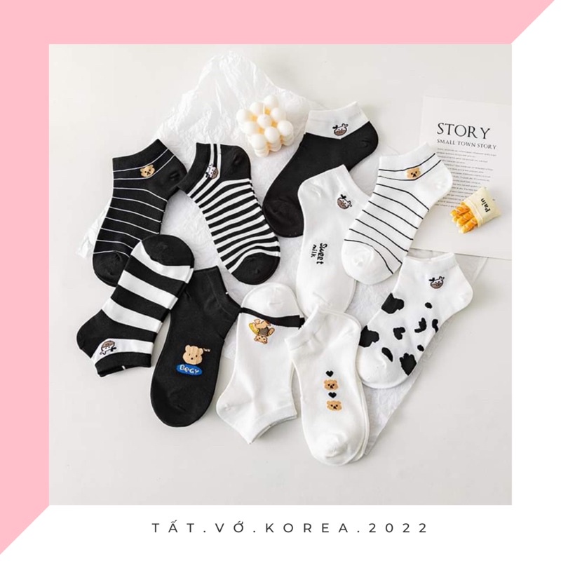 TẤT VỚ CỔ THẤP COTTON HOẠ TIẾT BÒ SỮA VÀ GẤU MÀU TRẮNG ĐEN PHONG CÁCH HÀN QUỐC