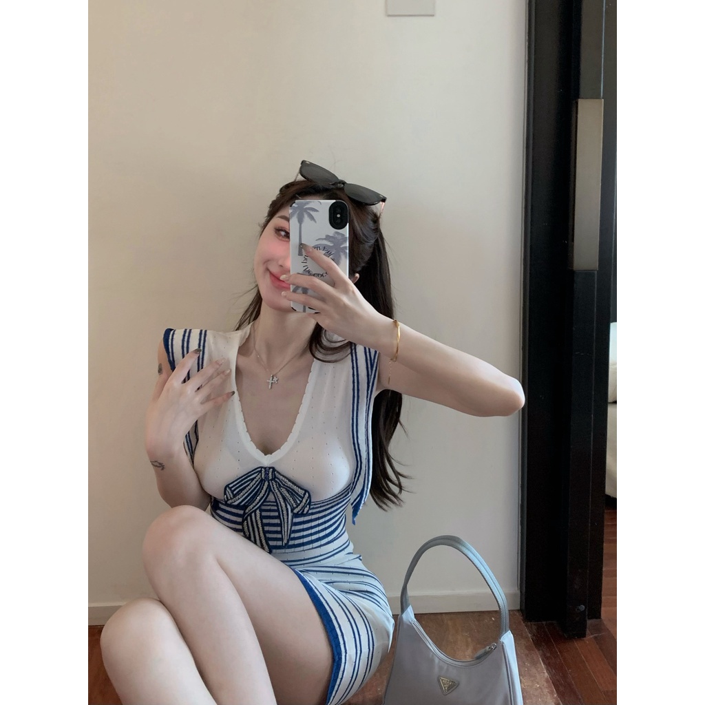 Cocory vn Đầm Dệt Kim Sát Nách Cổ Chữ V Kẻ Sọc Đính Nơ Thời Trang Quyến Rũ Cho Nữ