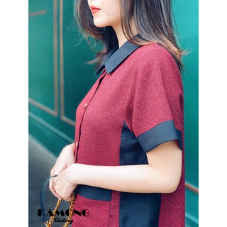[HÌNH THẬT] ĐẦM CỔ SEN PHỐI 2 MÀU (ĐỎ ĐÔ)
