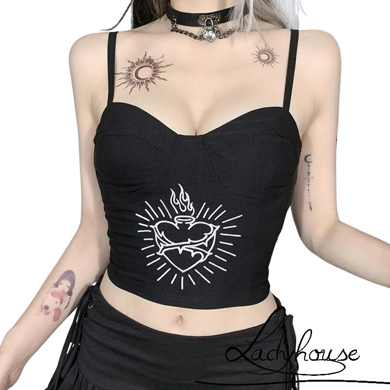Áo croptop không tay vải nhung phối ren màu đen phong cách gothic punk dành cho nữ