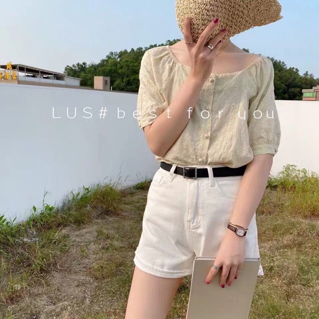 Áo thô ngắn tay cổ thuyền hoạ tiết hoa thêu Ulzzang style  Hàng Quảng Châu
