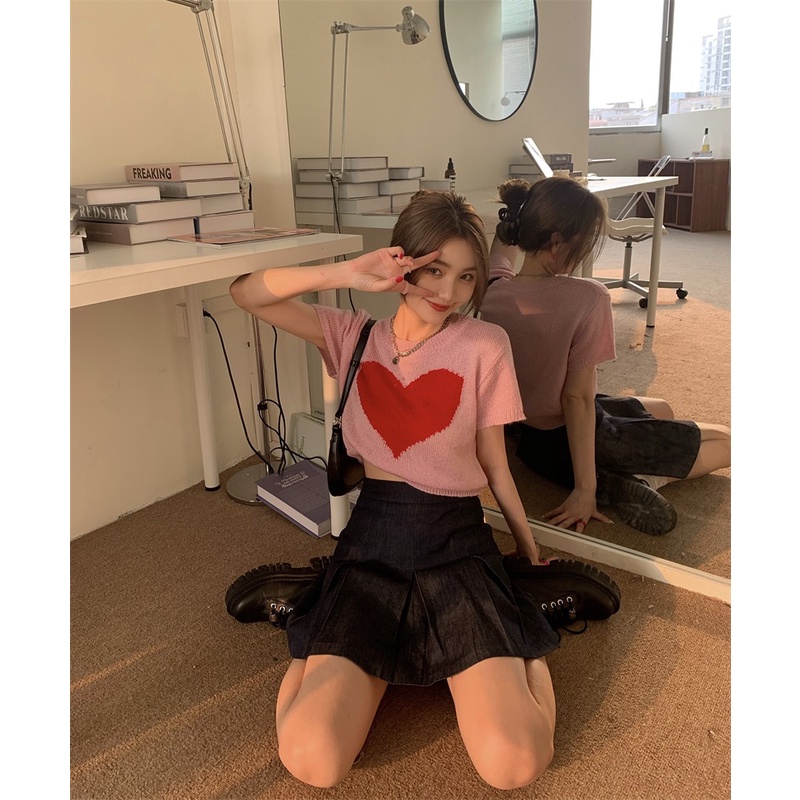 Áo thun dệt kim XIAOZHAINV tay ngắn cổ tròn in hình trái tim phong cách Hàn Quốc thời trang cho nữ