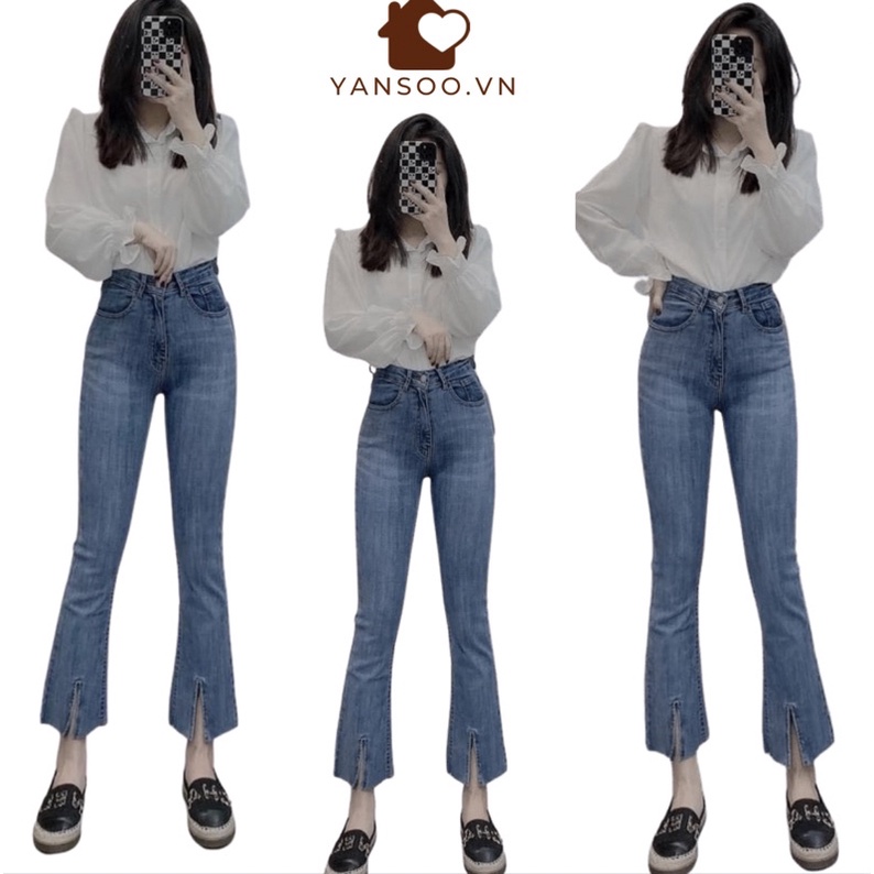 Quần jean ống loe giãn xẻ cắt gấu cạp cao from vừa tầm chất đẹp yansoo