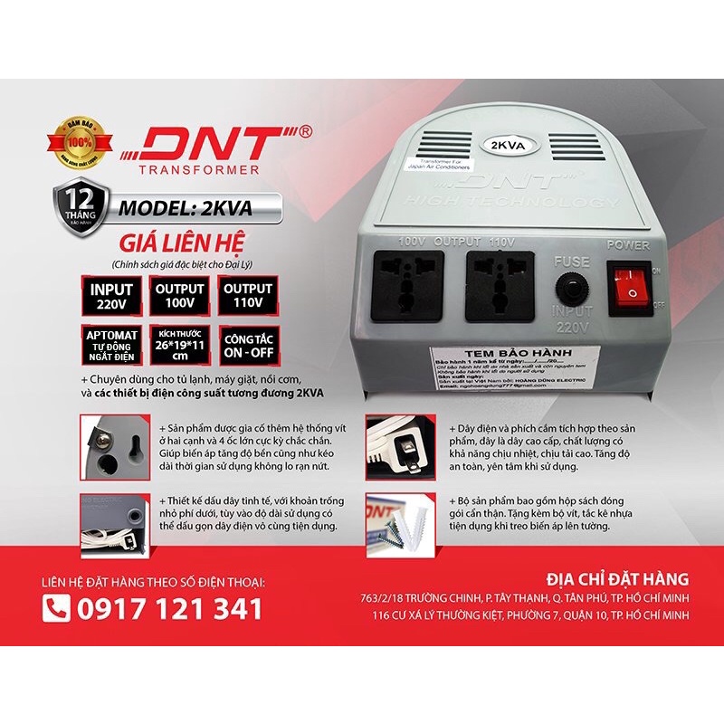 Biến áp 220v > 100v 110v treo tường DNT 2KVA