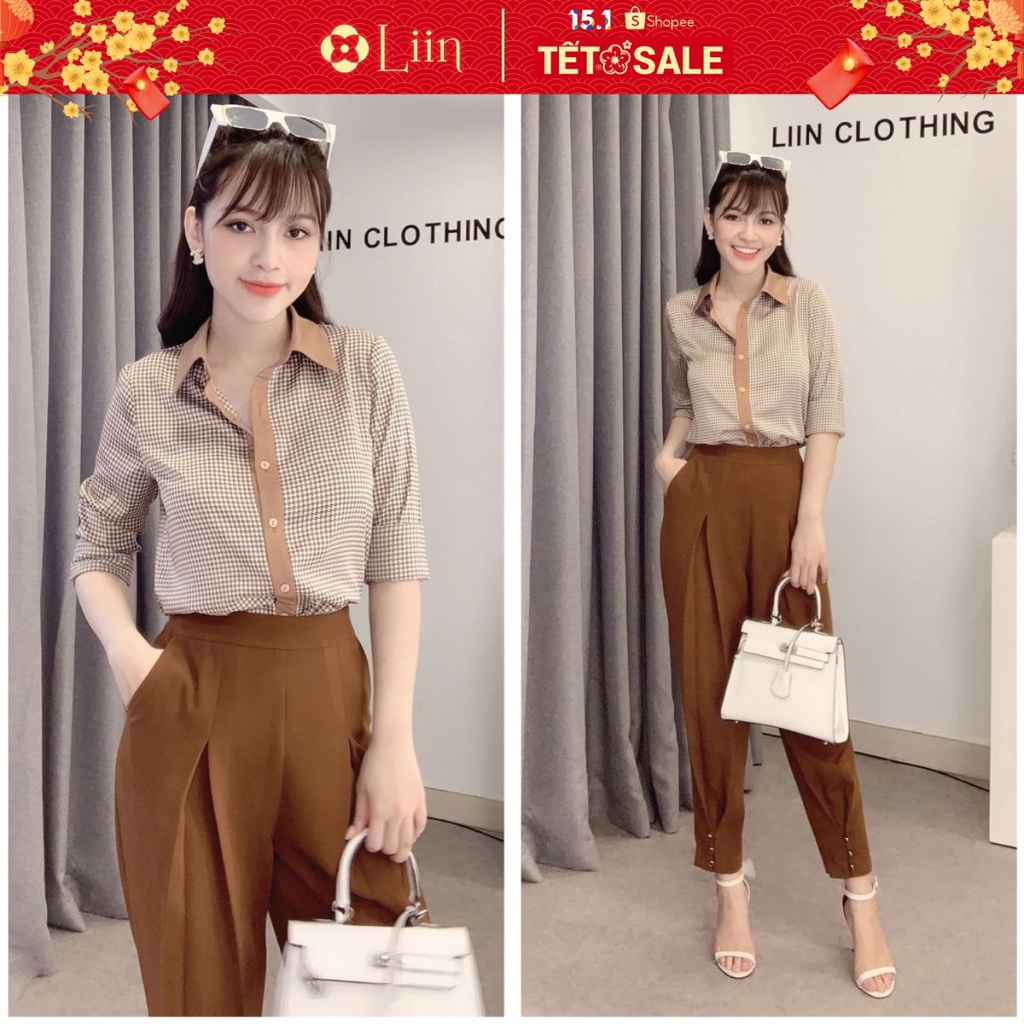 Áo Sơ Mi nữ cao cấp hoạ tiết Răng Sói Nâu kiểu dáng thanh lịch Liin Clothing SM3255