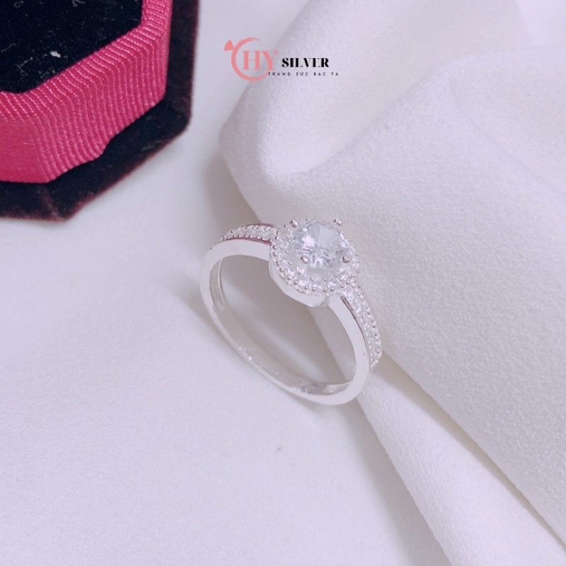 Nhẫn bạc ta đính đá ổ đá tròn dày dặn nhẫn nữ bạc thật