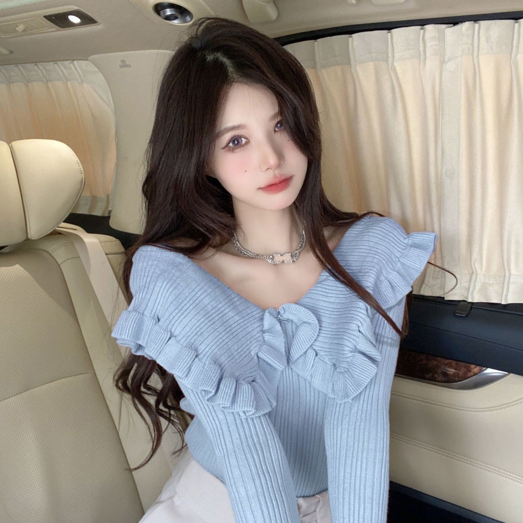 Niche Áo Sweater Dệt Kim Màu Trơn Phong Cách Phương Tây Thời Trang Mùa Thu 2021 Mới Cho Nữ