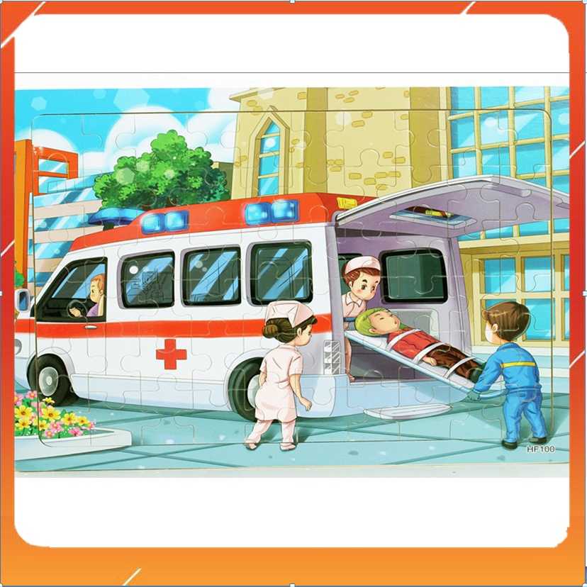 Đồ chơi bộ tranh xếp hình, ghép hình bằng gỗ 60 mảnh puzzle trí tuệ - tranh ghép 60 miếng gỗ an toàn CĐ xe cứu thương