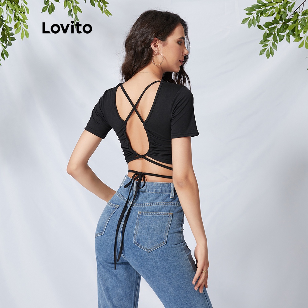 Áo thun Lovito cổ tròn buộc dây màu đen L09086 | BigBuy360 - bigbuy360.vn