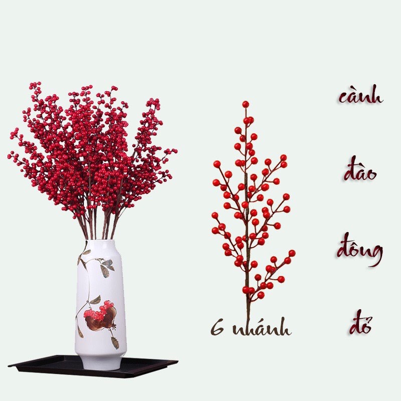 cành đào đông đỏ mang may mắn tài lộc, cành đào cherry ngày tết (1 CÀNH/ 12 NHÁNH QUẢ)