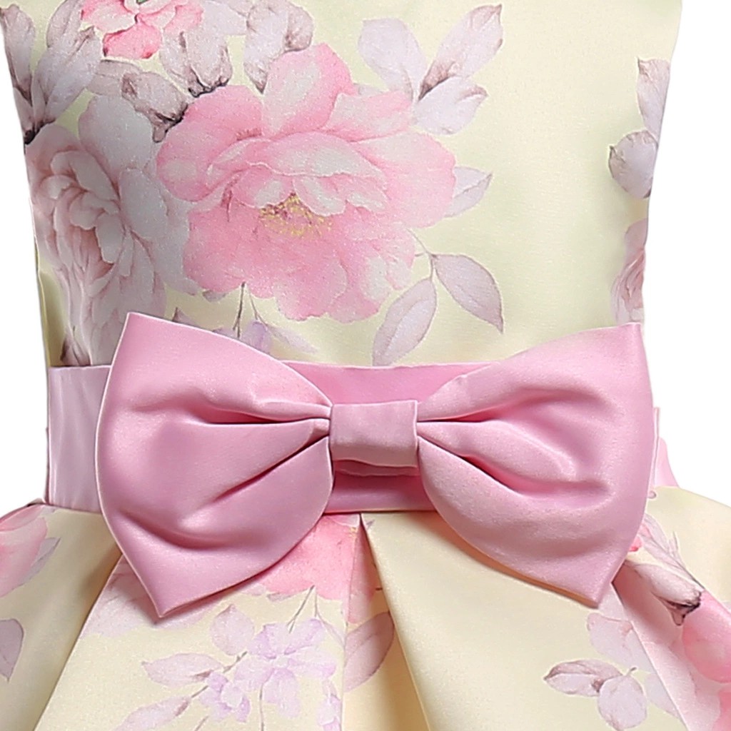 Váy đầm công chúa cho bé gái 3 đến 9 tuổi Váy dạ hội dự tiệc in hoa hai tầng chân váy chéo nơ bướm nhấn eo Màu vàng hồng