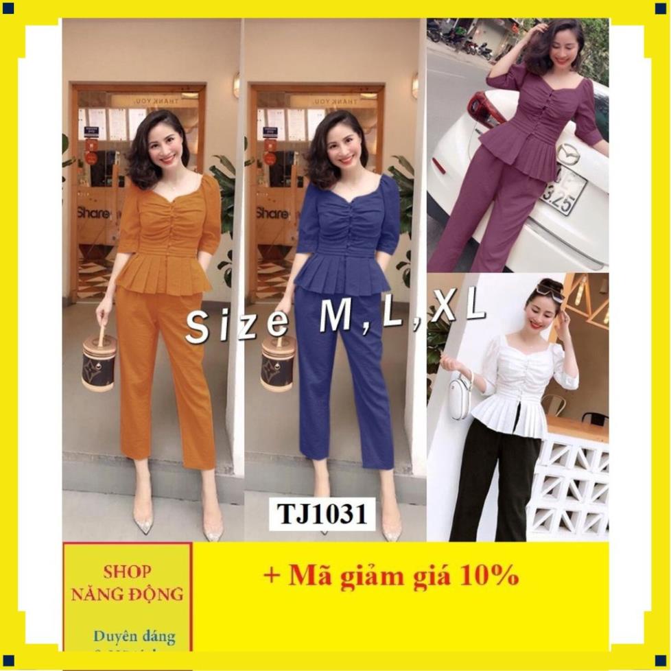 Set Trang Phục 🌸FREESHIP🌸 Set nguyên bộ áo peplum tà xếp ly phối nút bọc xinh xắn J1031