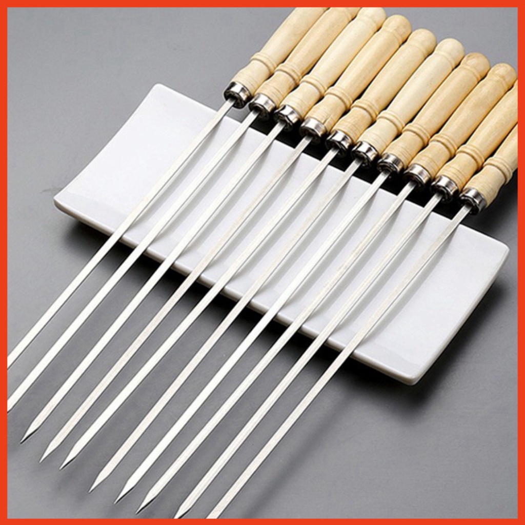 Xiên thịt nướng inox cán gỗ Combo 10c, Xiên thịt nướng inox cán gỗ