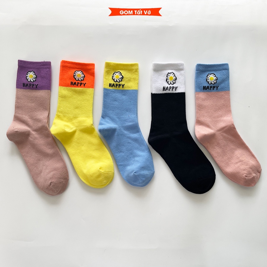 Tất Nữ Cổ Lửng Thời Trang Họa Tiết Bông Hoa Dễ Thương , Vớ Nữ Cổ Trung Cao Cấp Cotton Êm Thoáng Khí - LISU24-LUNG-HAPPY