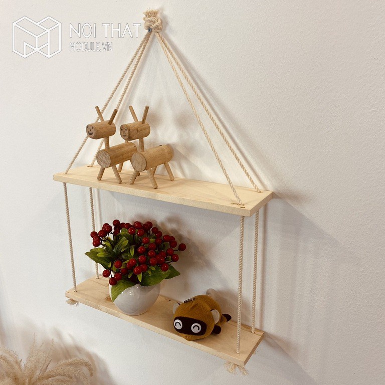 Kệ decor dây thừng treo cây cảnh, đồ trang trí đẹp gỗ thông tự nhiên.