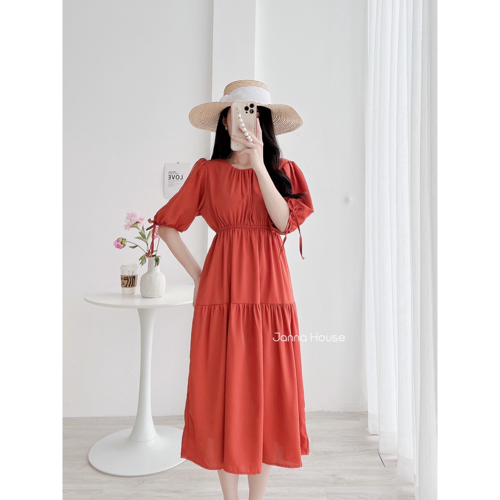 - Váy nữ cổ tròn vải tơ mềm cộc tay dáng xoè dài tiểu thư ulzzang - M58 - jannahouse