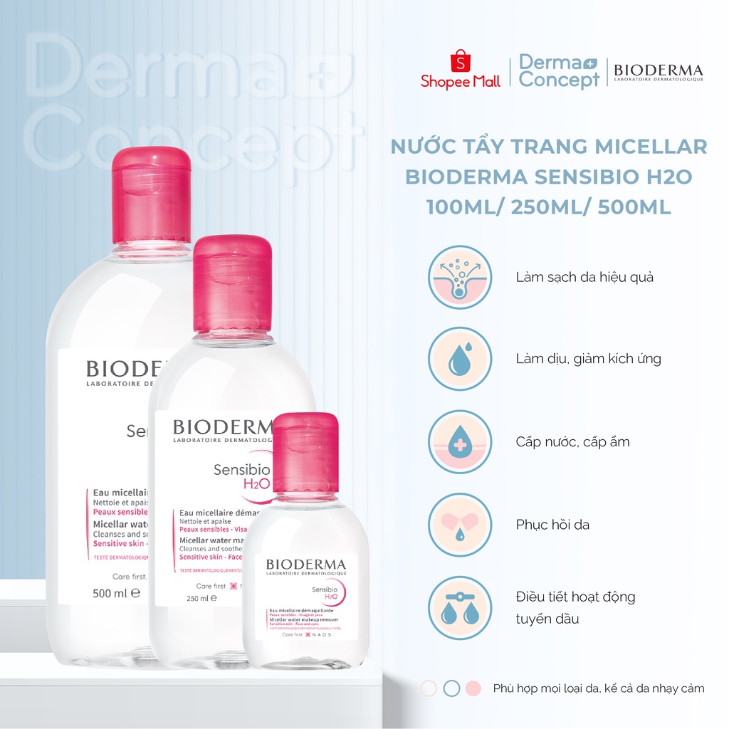 Nước tẩy trang Bioderma hồng Micellar Sensibio H2O cho da nhạy cảm 100ml/ 250ml/ 500ml [NHẬP KHẨU CHÍNH HÃNG 100%]